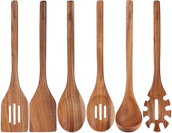 Acacia Wood Utensils Set - 6 Piece Handmade Wooden Spoons for Cooking, Natural Acacia Wood Kitchen Utensils for Non-stick Cookware, Turner, Serving Spoon, Slotted Spoon, Soup Ladle, Spaghetti