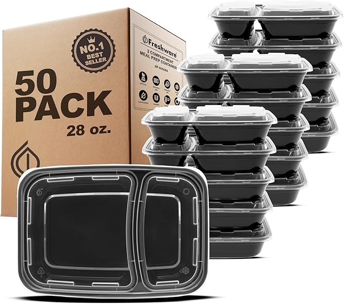Freshware Meal Prep Containers [50 Pack] 2 Compartment with Lids, Food Storage Containers, Bento Box, BPA Free, Stackable, Microwave/Dishwasher/Freezer Safe (28 oz)