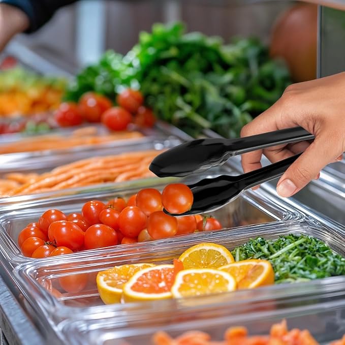 12 Pack Large Plastic Serving Tongs For Buffet - Plastic Serving Utensils For Hot And Cold Food - Disposable Serving Tongs For Parties, Holidays And Gatherings (Black)