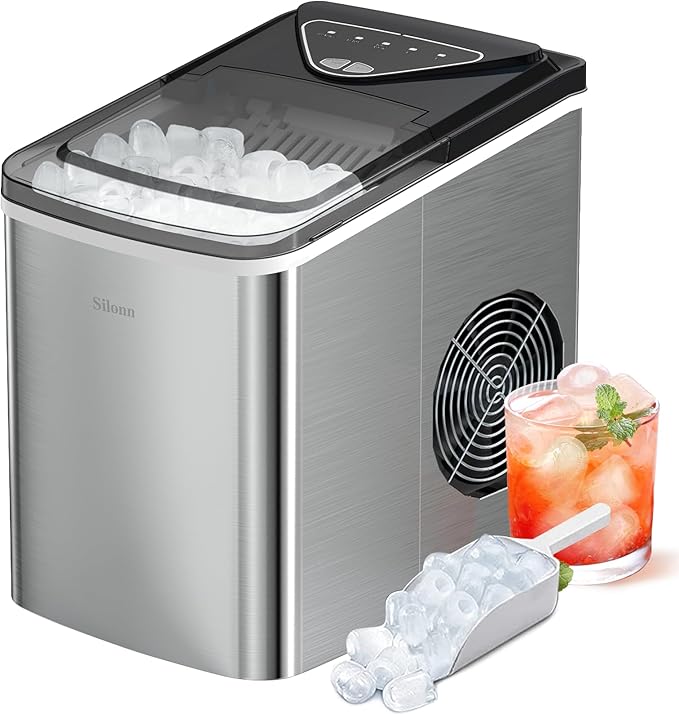 Silonn Countertop Ice Maker, 9 Ice Cubes in 6 Mins, 26 Lbs in 24 Hrs, Compact Ice Machine with Ice Basket & Scoop, 2 Ice Sizes Self-Cleaning Ice Maker for Home/Party/Office, Stainless Steel