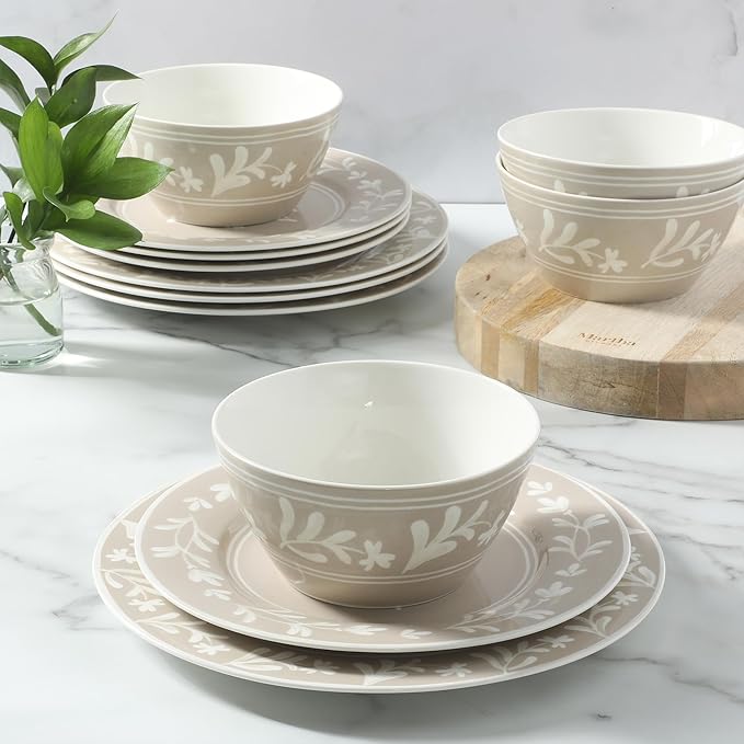 Martha Stewart Maiden Crown 12-Piece Taupe Dinnerware Set – Vegan Bone China Ceramic Plates & Bowls – Floral Design – Service for 4 – Dishwasher & Microwave Safe