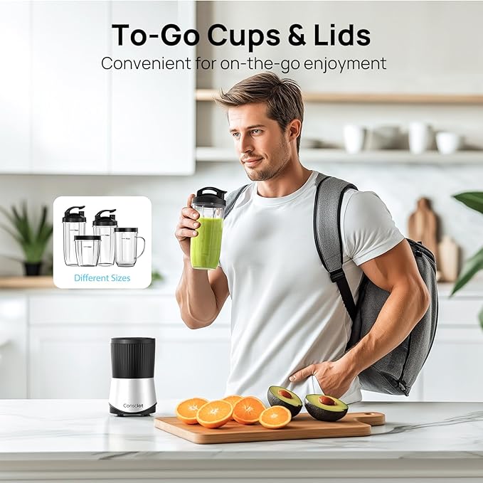 Consciot CB08 16-Piece Blender & Grinder Combo for Kitchen and Personal Size, Blend Shakes and Smoothies, Frozen Drinks, Baby Food, Spreads & More, 4 BPA-Free Portable To-Go Cups, 900 Peak Watts