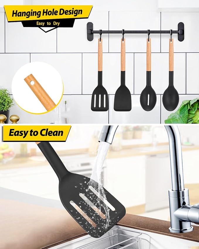 Pack of 4 Silicone Cooking Utensils Set, Non Stick Solid Spatulas and Heat Resistant Slotted Spoons with Wooden Handle, Ideal Wood Kitchen Utensils Set for Frying,Serving,Turning,Stirring (BLACK)
