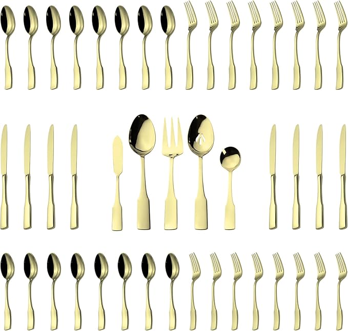 Alata Kate Champagne Gold Mirror 45-Piece Silverware With Utensil-Serving Set, Service for 8, Stainless Steel Flatware, Mirror Polished Cutlery, Dishwasher Safe