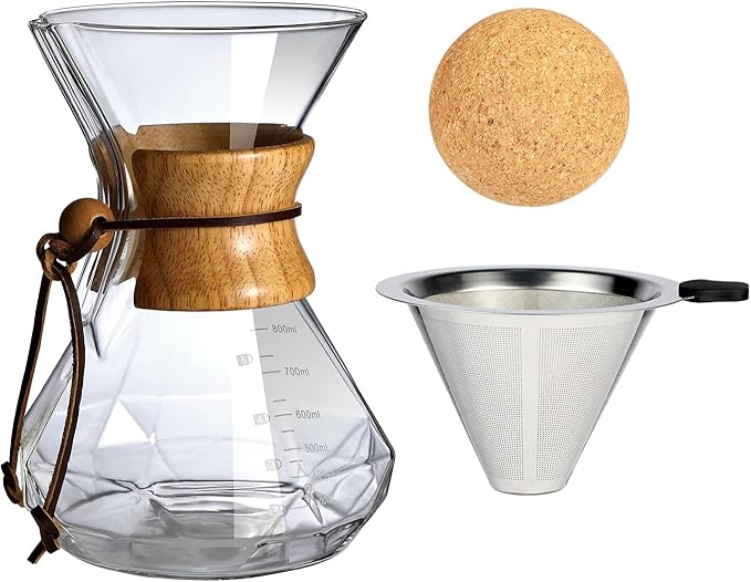 Pour Over Coffee Maker With Wood Sleeve，27oz/800mlPour Over Coffee Dripper,Pour Over Coffee Maker Set With Cork Stopper (27oz/800ml)