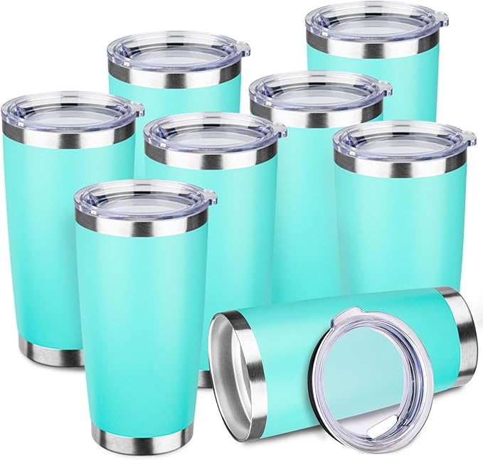StarSpeed 20oz Tumbler Bulk with Lid, Stainless Steel Insulated Tumblers Double Wall Vacuum Insulated Travel Mug, Powder Coated Coffee Cups for Hot and Cold Drinks(Light Green,8)