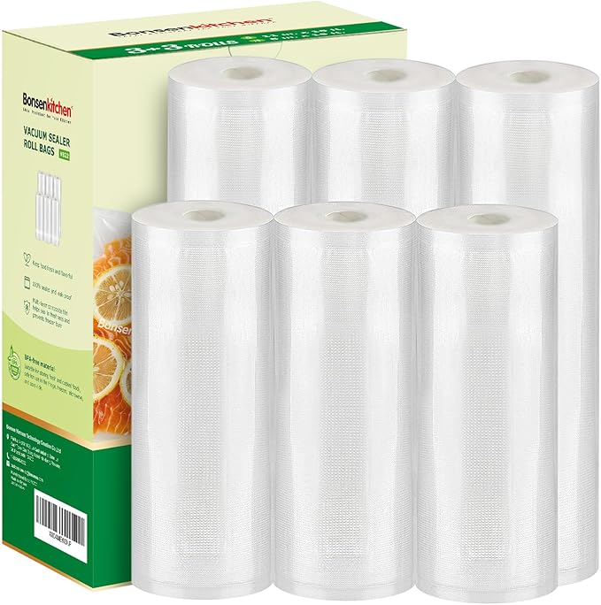 [2025 Upgraded] Bonsenkitchen 3 Rolls 11" x 16' + 3 Rolls 8" x 16' Vacuum Sealer Bags for Food with a Color Box, Easy to Store, Commercial Grade, BPA Free, Great for Food Storage or Sous Vide, VB22