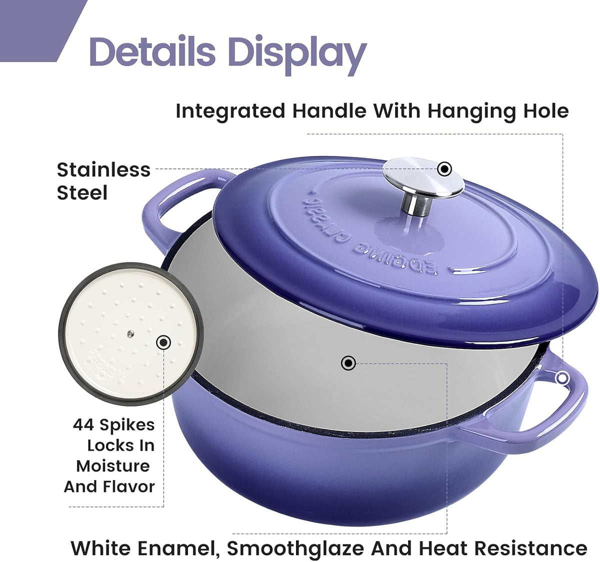 Enameled Cast Iron Covered Dutch Oven with Dual Handle, Dutch Ovens with Lid for Bread Baking, Safe to 500 degrees, 3.5 Quart, Purple