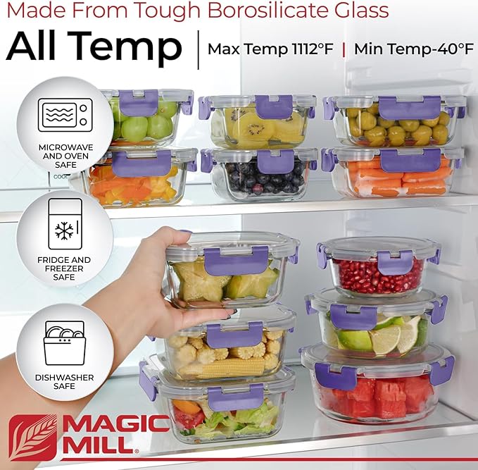 Magic Mill Premium Borosilicate Glass Food Storage Containers with lids Set | 24pc Sets with 12 Bowls & 12 Airtight Locking Lids for Lunch & Meal Prep, Safe for Oven, Freezer, Dishwasher, BPA-Free