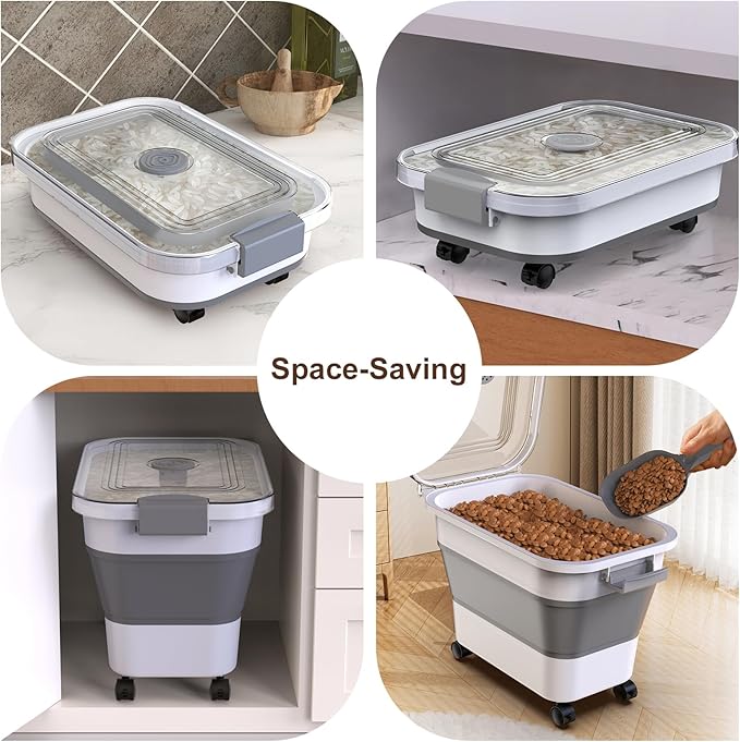 Rice Storage Container, Collapsible Airtight Food Storage Containers 20-30lbs with Clear Lid and Wheels, Rice Dispenser with Scoop for Flour Cereal Pasta Grain, Cat Pet Bird Dog Food Storage Container
