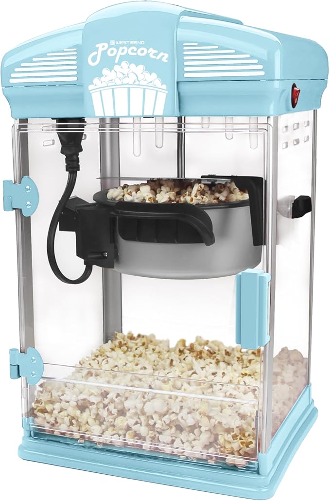 West Bend Stir Crazy Movie Theater Popcorn Popper, Gourmet Popcorn Maker Machine with Nonstick Popcorn Kettle, Measuring Tool and Popcorn Scoop for Popcorn Machine, 4 Qt., Blue