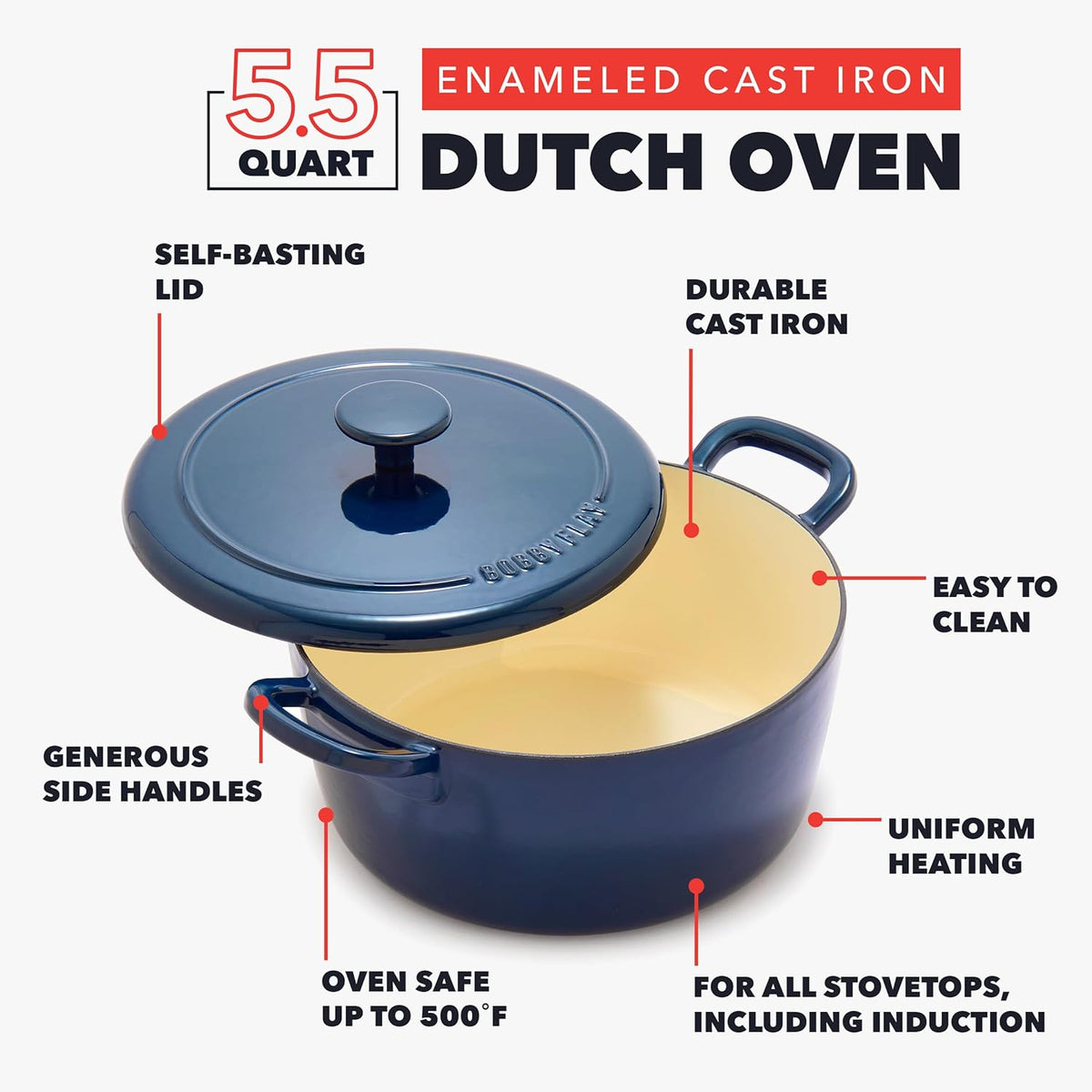 GreenPan x Bobby Flay 5.5QT Enameled Cast Iron Round Dutch Oven with Lid, Dual Handles, Oven Safe to 500F & Induction Suitable, Self Basting Lid, Ultra-Durable, Sear, Braising, Bread, Stews, Cobalt