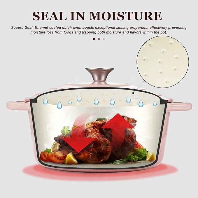 Overmont Enameled Cast Iron Dutch Oven - 5.5QT Pot with Lid Cookbook & Cotton Potholders - Heavy-Duty Cookware for Braising, Stews, Roasting, Bread Baking pink