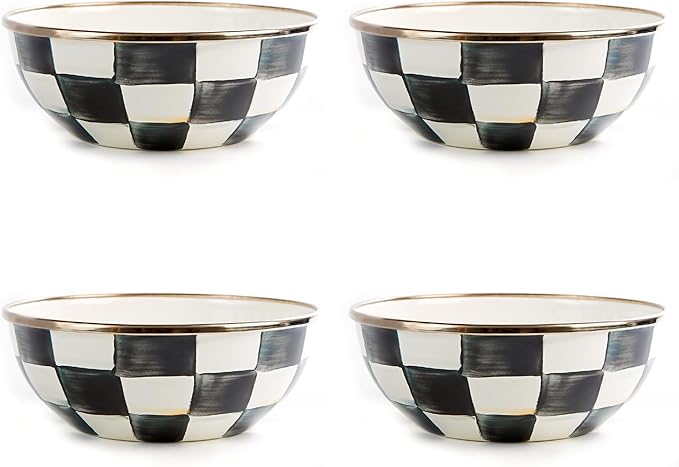 MACKENZIE-CHILDS Enamel Everyday Bowl, Serving Bowl for Entertaining, Extra-Small, Black-and-White Courtly Check, Set of 4