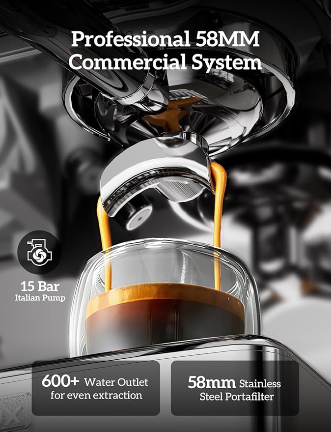 COUPLUX Espresso Machine with Grinder, 5-Temperature (190~205℉) Professional Espresso Machine 58MM with Powerful Milk Frother 15 Bar Expresso Coffee Machines for Espresso Americano Cappuccino & Latte