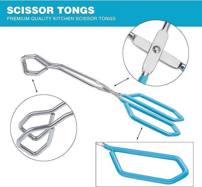 MSY BIGSUNNY Stainless Steel Scissor Tongs Heavy Duty Cooking Tongs with Soft Handles (2, blue 11" + 11")