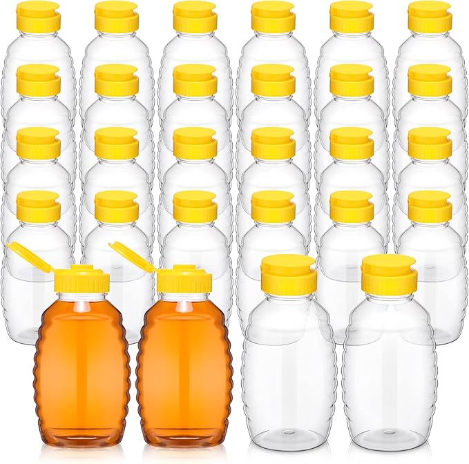24 Pcs Clear Plastic Honey Bottles Plastic Skep Style Jar Honey Squeeze Bottle Empty Refillable Honey Dispenser with Flip Top Lids Leak Proof Honey Containers Holders for Storing and Dispensing (32oz)