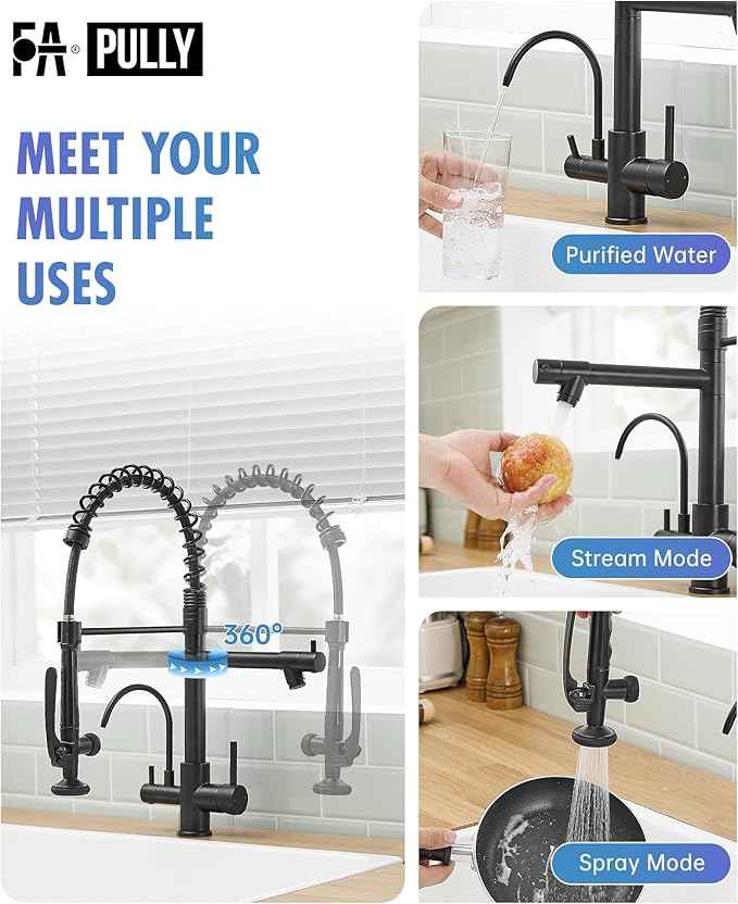 Fapully Commercial 3 Way Kitchen Faucets with Pull Down Sprayer and Water Filler,3 in 1 Kitchen Sink Faucet with Drinking Water Faucet Matte Black