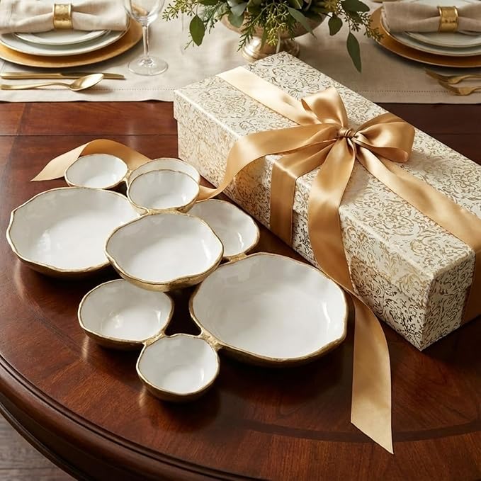 Cluster of 9 Round Serving Bowls Enamel Clusters Decorative Elegant Snack Tray for Olives, Chip & Dip, Nuts, Appetizers & Entertaining Strong Brass & Enamel Home Decor Gifts, Parties & Weddings 22"
