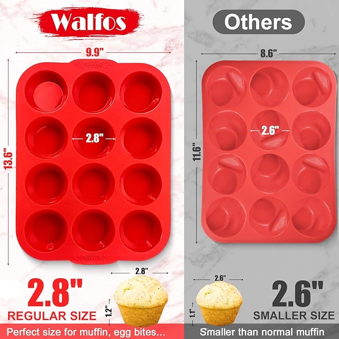 Walfos Silicone Muffin Pan with Metal Frame, 2.8 Inch Regular Size Silicone Cupcake Pan Muffin Tin, Non-Stick 12 Cups Egg Bites Molds for Baking, BPA Free, Dishwasher Safe, 2 Pack