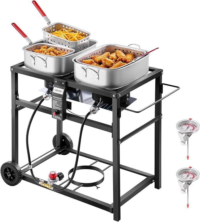VEVOR Outdoor Propane Deep Fryer, Dual-Tank 18QTx2 Commercial Fryer, Multi-Purpose Portable Frying Cart with Wheel, 3 Basket, 2 Thermometer, Stainless Steel Cooker for Fish Fry Wings Fries, 40,000 BTU