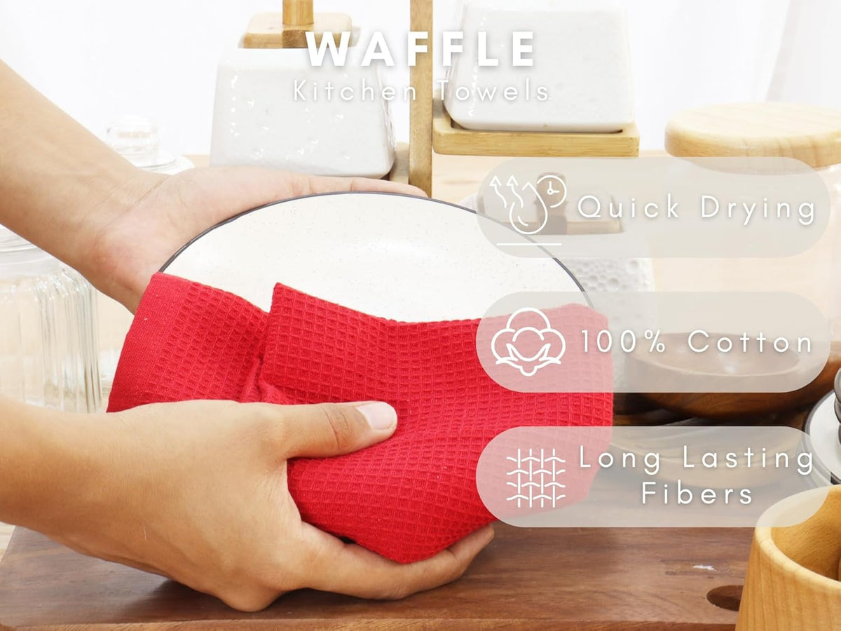 PurpleEssences Waffle Weave Kitchen Towel, 100% Cotton - 15 x 25 Inches, with Hanging Loop Ultra Soft Absorbent Quick Drying Dish Cloth, Tea and Hand Towels, 6 Pack - Spring Summer - Red