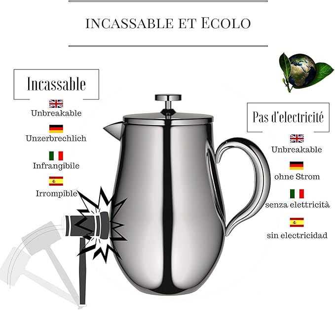 VeoHome - 1 Litre piston coffee maker - Unbreakable and keeps coffee hot for a long time thanks to its double stainless steel shell…