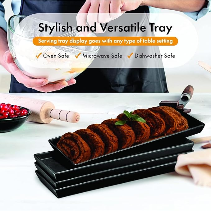 Set of 4 Rectangular Serving Plastic Platters 14 x 6 Inches Versatile Dishes for Entertaining, Perfect for Appetizers, Desserts, Cheese Boards, Charcuterie, and Sushi (Black)