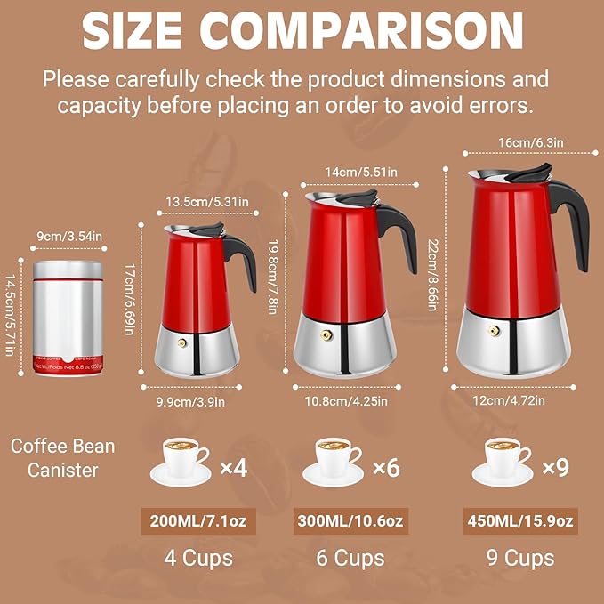 Moka Pot, 9 Cups (15.9 oz) Stovetop Espresso Maker, 304 Stainless Steel Moka Pot, Induction Compatible, Red