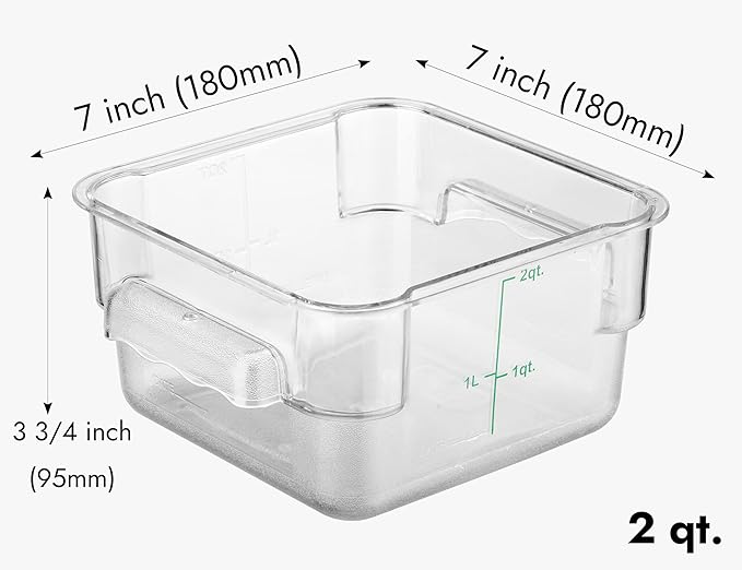 CURTA 4 Pack Food Storage Container with Green Lid - NSF Listed Commercial Grade in 2.0 Qt - Square, Clear, Polycarbonate