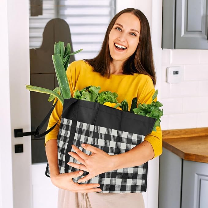 WISELIFE Reusable Grocery Shopping Bags 10 Pack Large Foldable Tote Bags Bulk, Long Handle for Shopping Groceries Clothes (Plaid C)