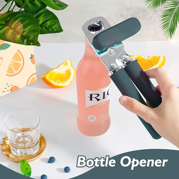 10 Colors Can Opener Manual Handheld Heavy Duty Hand Can Opener Smooth Edge Stainless Steel Can Openers Top Lid Kitchen Gadgets, Best Large Rated Easy Turn Knob, with Bottle Opener, Emerald