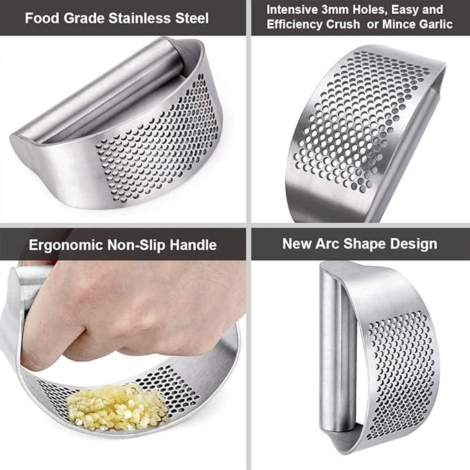 GuDoQi Garlic Press Rocker, Stainless Steel Garlic Mincer Garlic Crusher, Garlic Chooper with Peeler and Scraper Brush, Garlic Press with Ergonomic Handle, Innovative Kitchen Gadgets