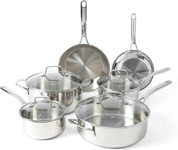 Martha Stewart Castelle 10 Piece 18/8 Durable Stainless Steel Induction Safe Non-Toxic Triply Bottom Kitchen Pots and Pans Cookware Set - Dishwasher Safe
