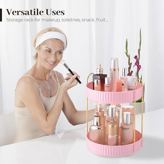 Aveniee 360 Rotating Makeup Organizer for Vanity, Skincare Perfume Organizers, Bathroom Countertop Organizer and Storage, Clear Cosmetics Lipstick Holder for Dresser,2 Tiers, Pink