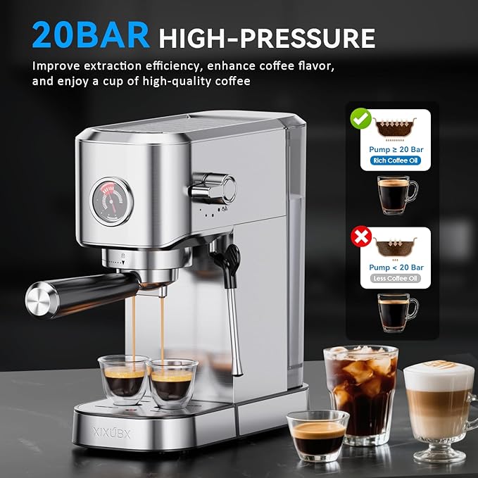 XIXUBX 20Bar Espresso Machine, Compact Espresso Maker with Milk Frother, Stainless Steel Coffee Machine for Cappuccino&Latte, 42oz Water Tank, Visible Pressure Gauge, Home&Office, Silver