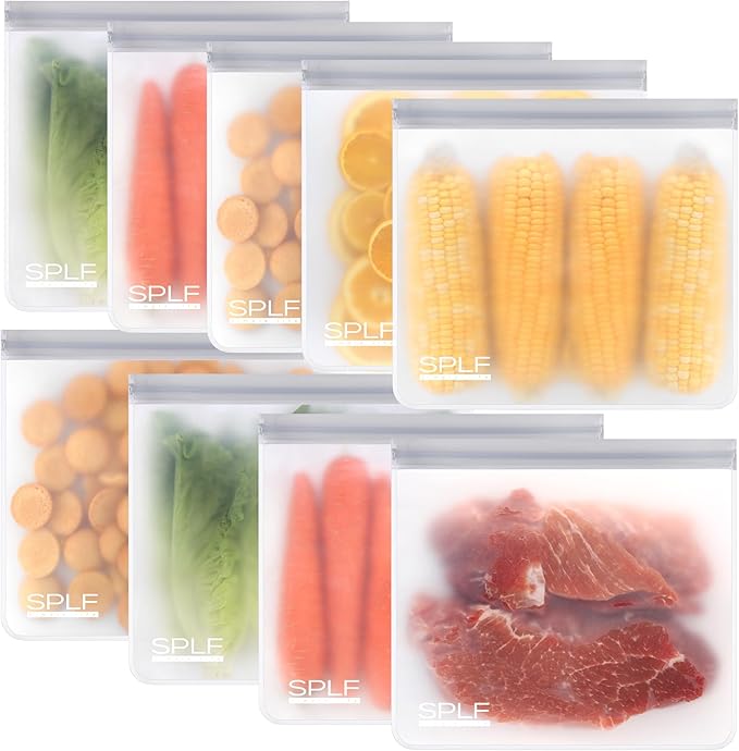 SPLF 9 Pack Reusable Gallon Freezer Bags, BPA Free 1 gallon Leakproof Silicone and Plastic Free Food Storage Bags for Meal Prep, Fruits, Sandwich, Snack, Travel Items