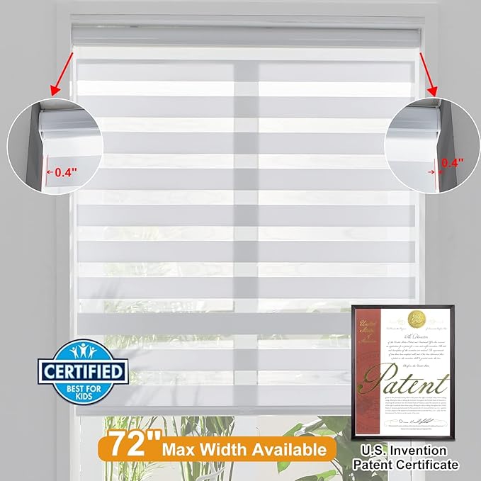 Persilux Zebra Blinds Cordless, Zebra Roller Shades for Windows (48" W x 72" H, White) Light Filtering Day and Night Window Drapes Sheer Shades for Home, Bedroom and Sliding Door Easy to Install