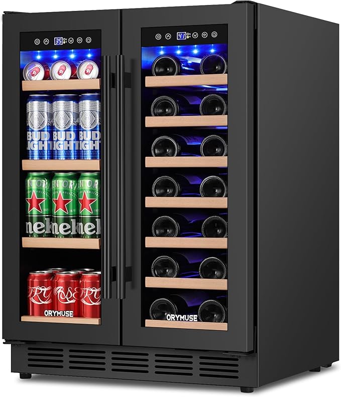 24" Dual Zone Wine & Beverage Refrigerator – Under Counter Cooler with Upgraded Cooling & Blue LED Light, Hold 20 Bottles and 88 Cans Large Capacity Wine Fridge, Built-In or Freestanding – Black