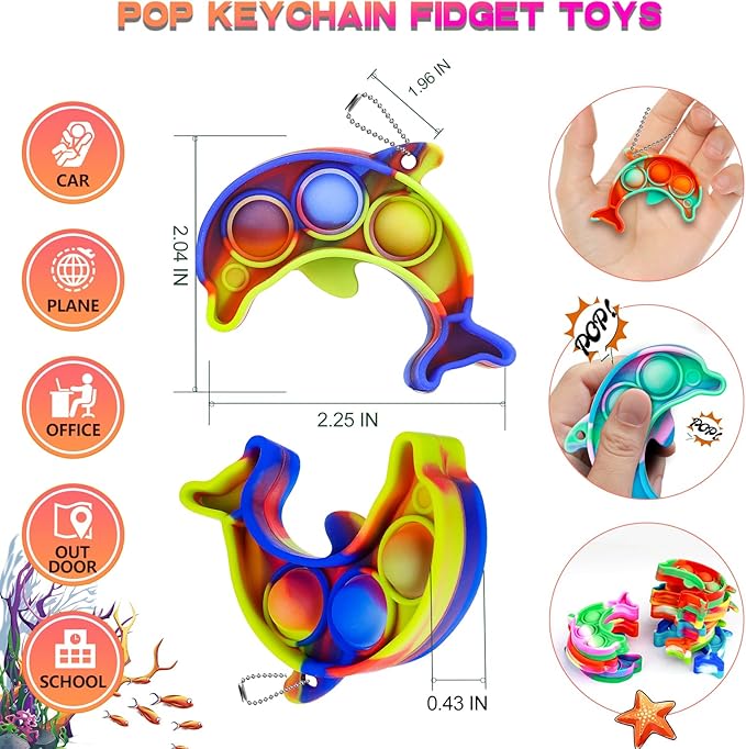 Pop Fidget Toys Bulk Its Kids Party Favors 30 PCS Cute Dolphin Mini Pop Keychain It Sensory Fidget Toy Pack Fidgets for Classroom Prizes for Kids Students Carnival Prizes Birthday Goodie Bag Stuffers