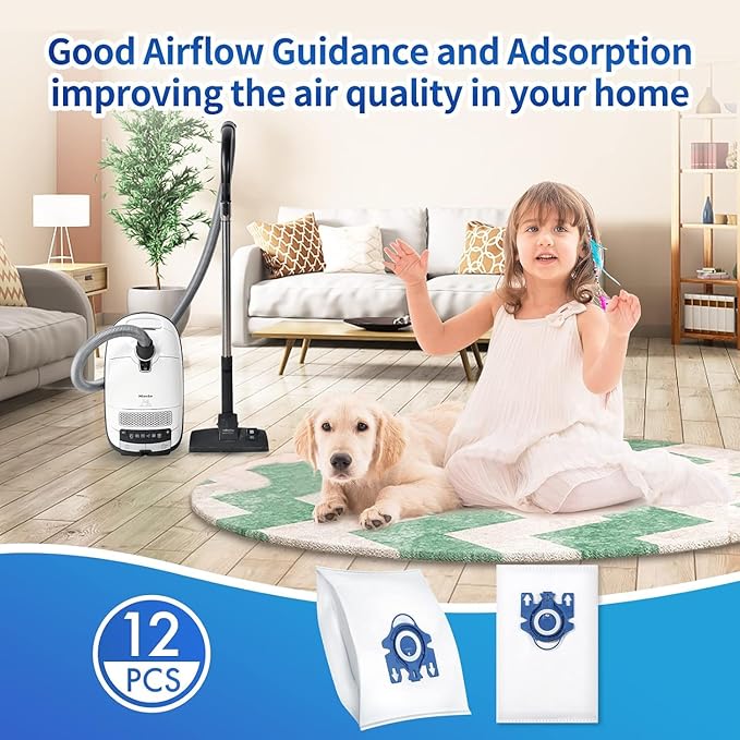 12 Pack 3D Dust Bags, Compatible with Miele GN Vacuum Bags, Replacement for Miele Classic C1 Complete C1, C2, C3, S400i S600 S2 S5 S8 Series, with 4 MP Filters, 4 AC Filters
