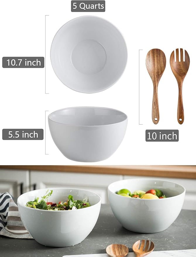 LAUCHUH Salad Serving Bowls, 5 Quarts Porcelain White Serving Bowl Extra Large Mixing Bowl with Spoon Set for Salad, Preparing, Pasta, Popcorn, Chips, Fruit, Vegetables, Thanksgiving, Christmas, 3 Pcs