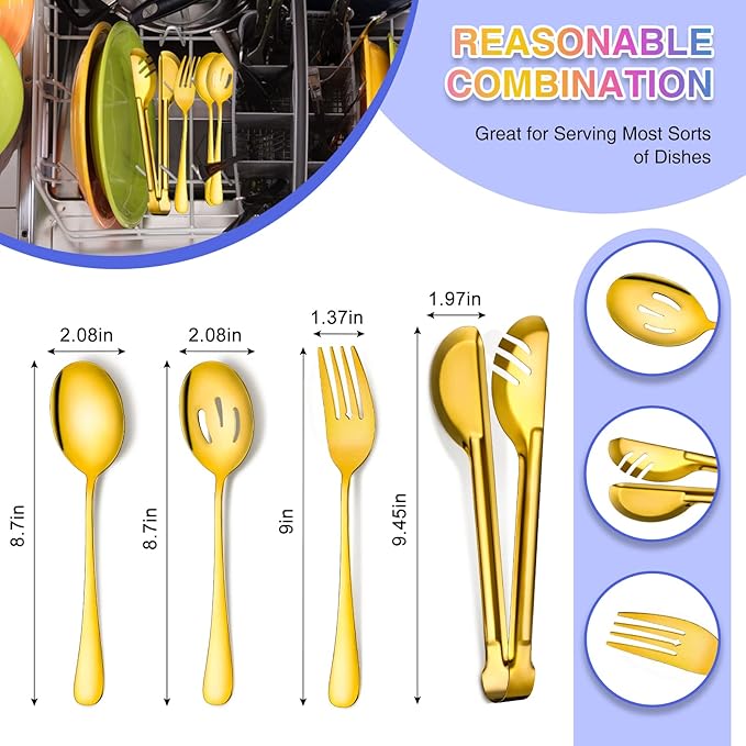 Patelai 15 Pieces Christmas Stainless Steel Gold Serving Utensils Set 8.7" Large Spoons and Slotted Spoon 9.45" Tong 9" Forks Flatware Wedding Party Buffet Banquet Cooking Kitchen Catering