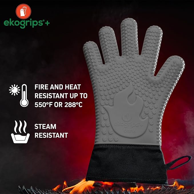 Ekogrips Plus Oven Gloves with Fingers, Comfy Waterproof Silicone Oven Mitts Heat Resistant with Long Cuff, Insulated BBQ Gloves Perfect for Grilling, Baking, Smoker, Canning, and Pizza, Grey, OSFM