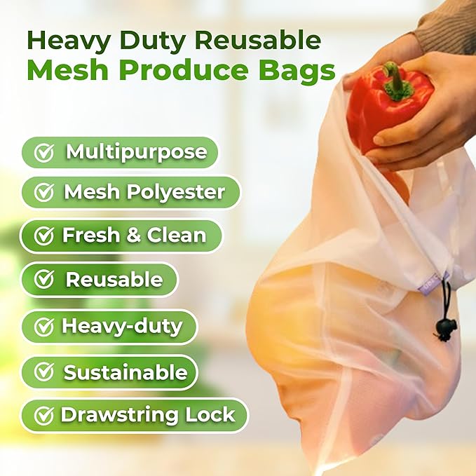 purifyou Set of 10 Reusable Mesh Produce Bags, Heavy Duty, Washable, Farmers Market Bag for Fruits, Vegetables, Groceries, Kitchen Storage, Home Organizer (12x20in)