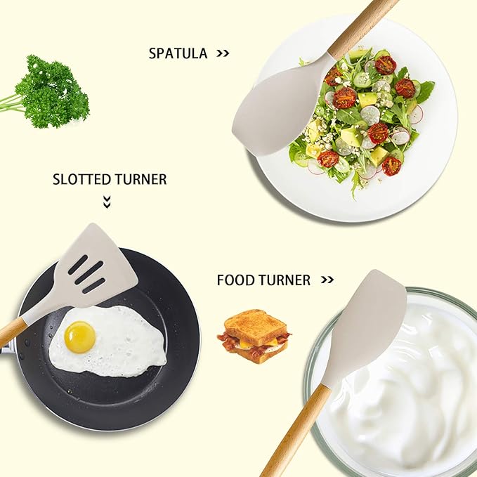 MIBOTE Silicone Cooking Kitchen Utensils Set with Holder, Wooden Handles BPA Free Non Toxic Silicone Turner Tongs Spatula Spoon Kitchen Gadgets Utensil Set for Nonstick Cookware (Khaki)