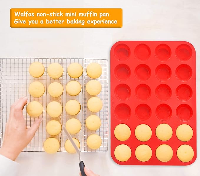Walfos Mini Silicone Muffin Pan - 24 Cups, BPA Free and Dishwasher Safe, Non-stick Silicone Cupcake Baking Pan, Great for Making Muffin Cakes, Tart, Bread