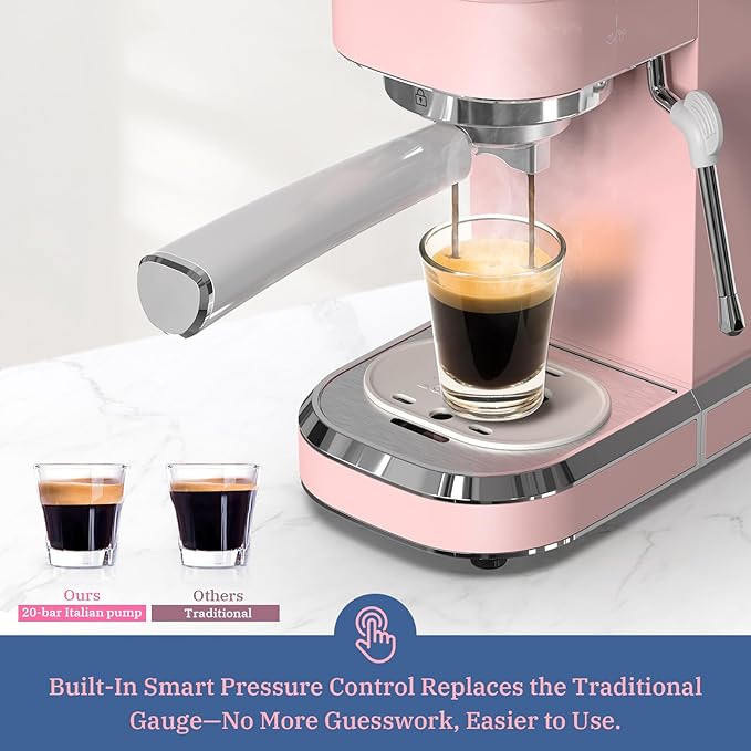 Laekerrt Professional Espresso Machine 20 Bar, Espresso Maker with Milk Frother Steam Wand, Stainless Steel Home Coffee Machines for Cappuccino and Latte, Gift for Women Wife Daughter or Mom, Pink