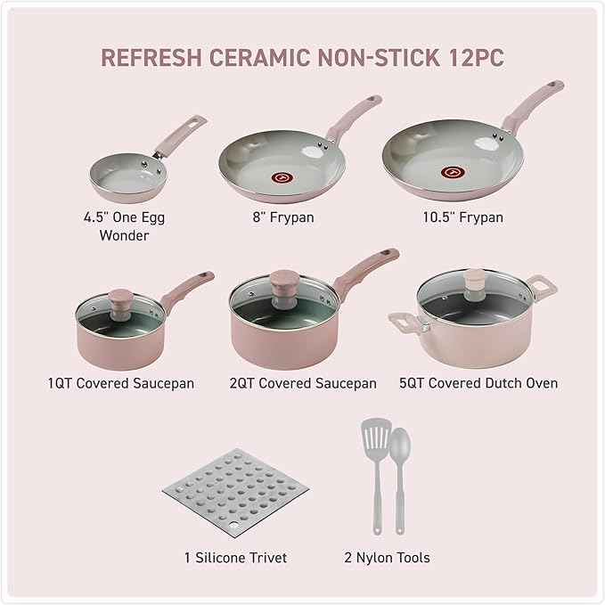 T-Fal Refresh Ceramic Nonstick Cookware Set, 12-Piece Ceramic Pots and Pans Set, Oven Safe to 350°F, Includes Stockpot, Griddle, Frying Pans, & Utensils, Dusty Rose