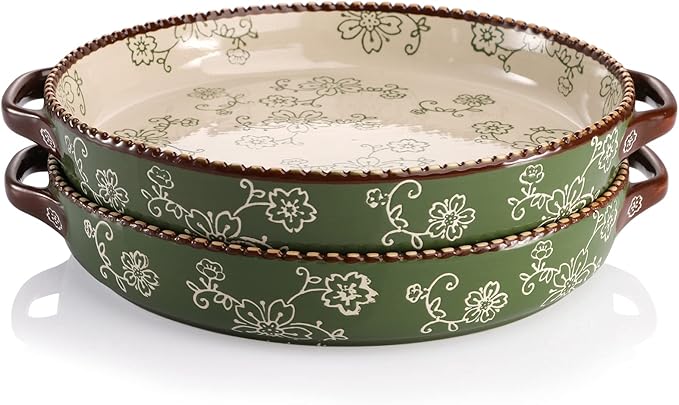 AVLA 2 Pack Ceramic Pie Pan, 9 Inch Round Baking Dish with Double Handle, 28 Ounce Deep Quiche Plate for Kitchen, Cooking, Roasting Lasagna (Sakura, Green)